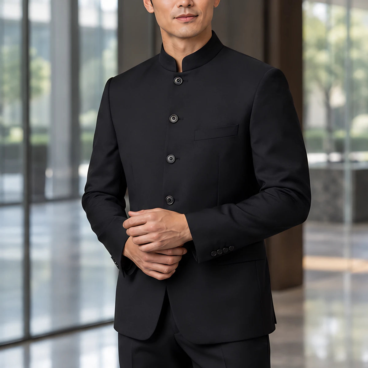 Caxton Men's Structured Stand Collar Blazer - Black - Clothing > Blazers > Stand Collar Blazers - Hendlys - Image 1