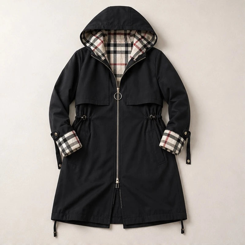Cecily Plaid-Lined Hooded Long Jacket - Black - female - Hendlys - Image 4