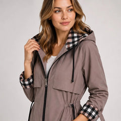 Cecily Plaid-Lined Hooded Long Jacket - Brown - Women's Outerwear > Long Hooded Jackets - Hendlys - Image 1