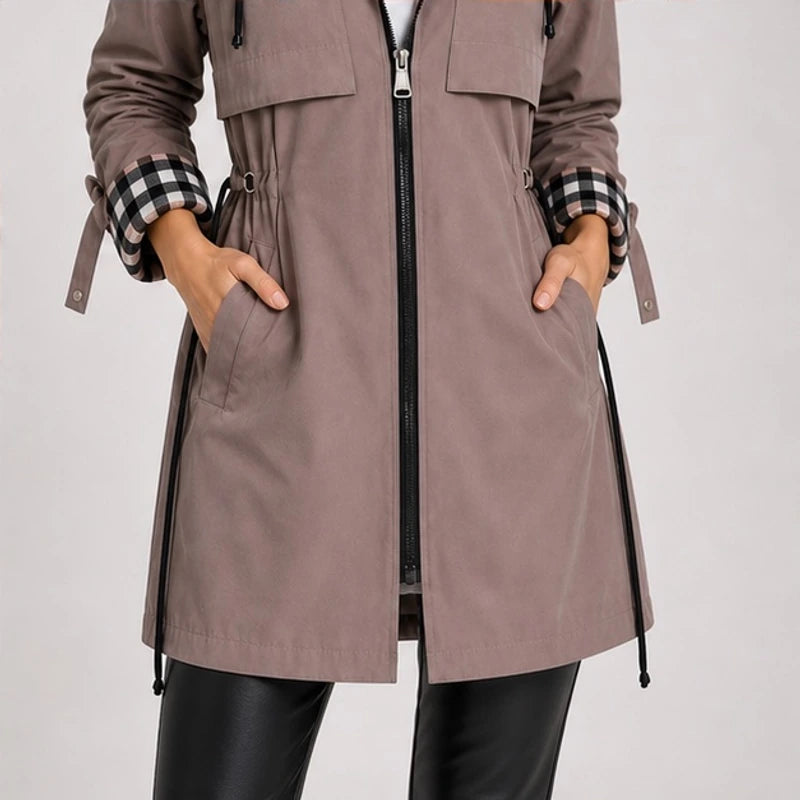 Cecily Plaid-Lined Hooded Long Jacket - Brown - female - Hendlys - Image 4