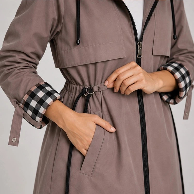 Cecily Plaid-Lined Hooded Long Jacket - Brown - Women's - Hendlys - Image 2