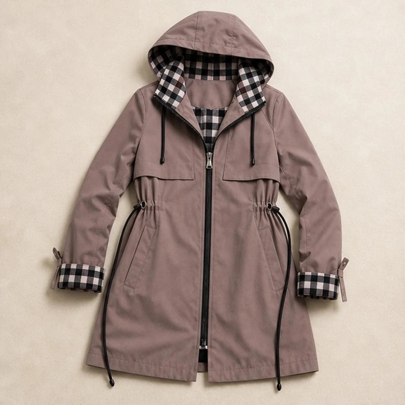 Cecily Plaid-Lined Hooded Long Jacket - Brown - Women's Jacket - Hendlys - Image 3