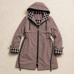 Cecily Plaid-Lined Hooded Long Jacket - Brown - Women's Jacket - Hendlys - Image 3
