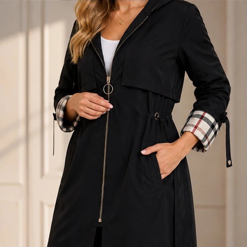 Cecily Plaid-Lined Hooded Long Jacket - Black - Women's Outerwear > Long Hooded Jackets - Hendlys - Image 1