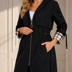 Cecily Plaid-Lined Hooded Long Jacket - Black - Women's Outerwear > Long Hooded Jackets - Hendlys - Image 1