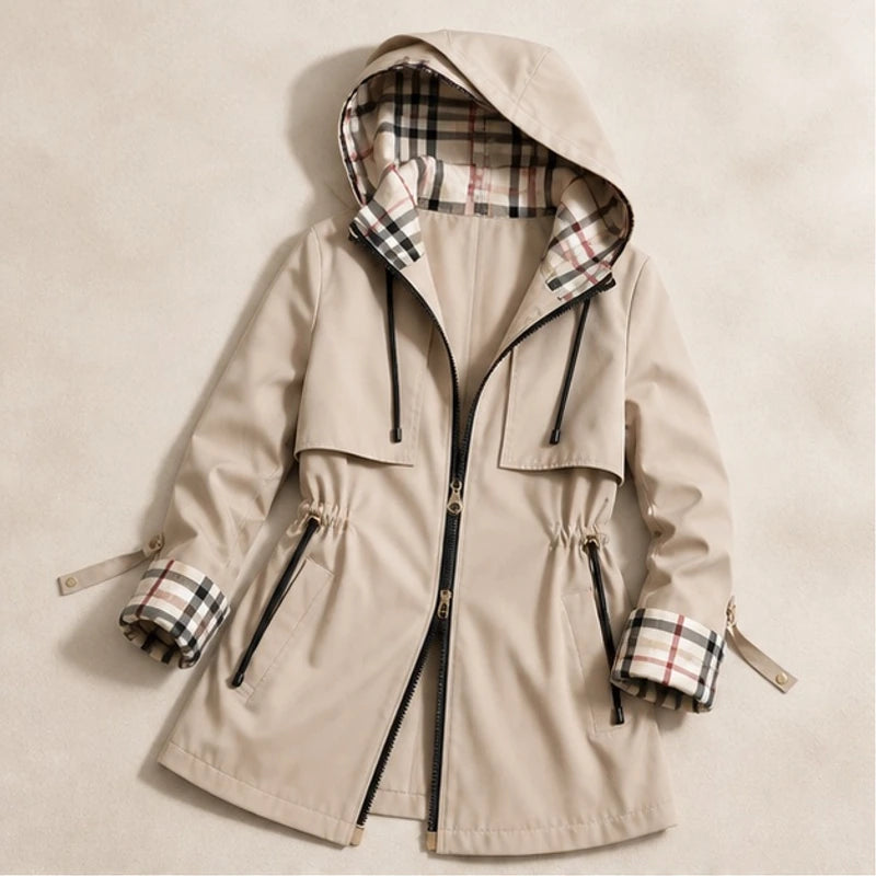 Cecily Plaid-Lined Hooded Long Jacket - Khaki - Women's Jacket - Hendlys - Image 3