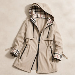 Cecily Plaid-Lined Hooded Long Jacket - Khaki - Women's Jacket - Hendlys - Image 3