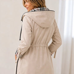 Cecily Plaid-Lined Hooded Long Jacket - Khaki - Women's - Hendlys - Image 2