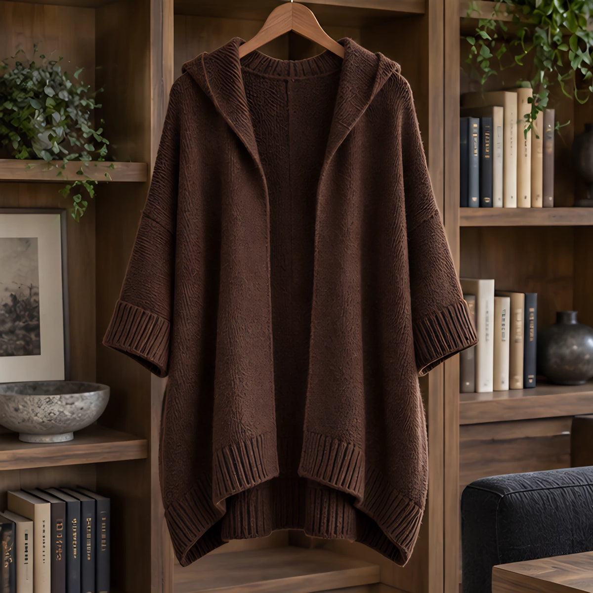 Celandria Women's Hooded Poncho Cardigan - Dk Brown - ai-processed - Hendlys - Image 3