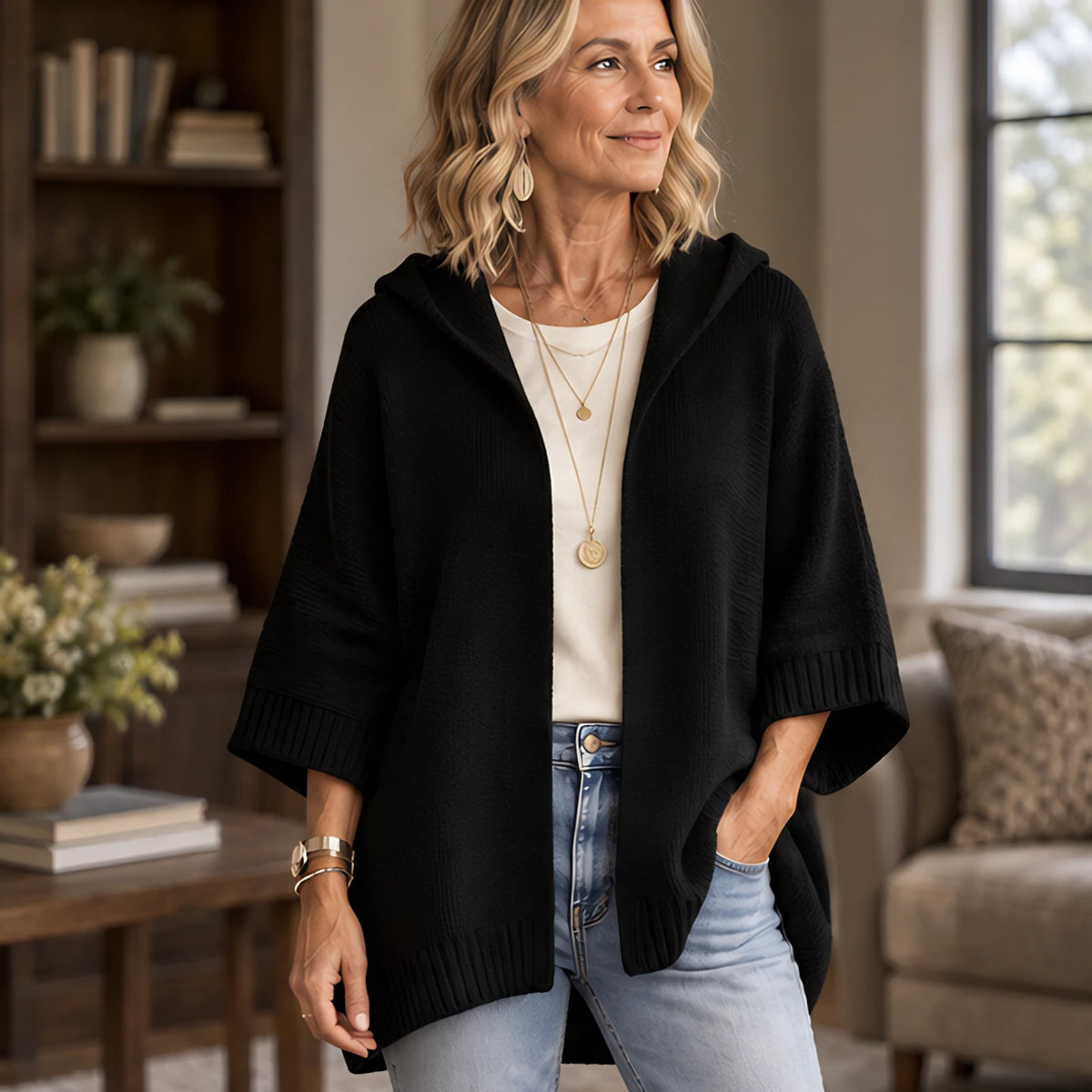 Celandria Women's Hooded Poncho Cardigan - Black - Women's Clothing > Sweaters & Cardigans > Cardigans - Hendlys - Image 1