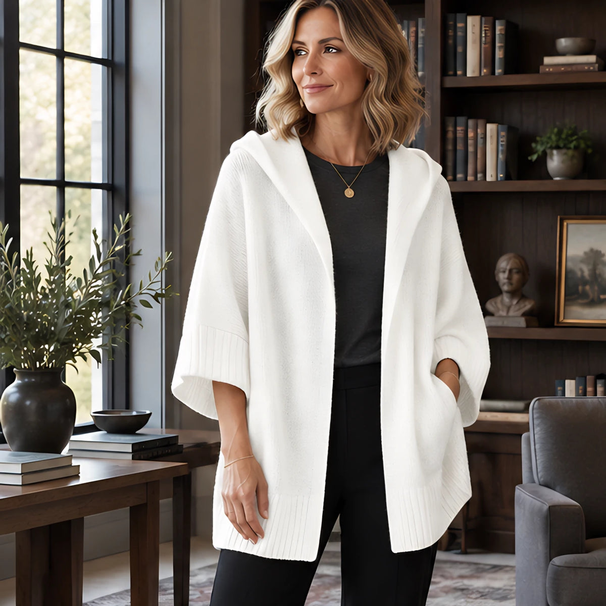 Celandria Women's Hooded Poncho Cardigan - White - Women's Clothing > Sweaters & Cardigans > Cardigans - Hendlys - Image 1