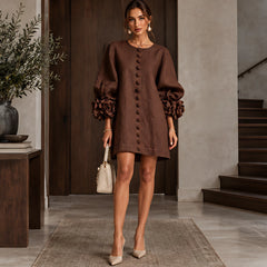 Clarissa Women's Ruffle Sleeve Mini Dress - Brown - Women's Clothing > Dresses > Mini Dresses - Hendlys - Image 1