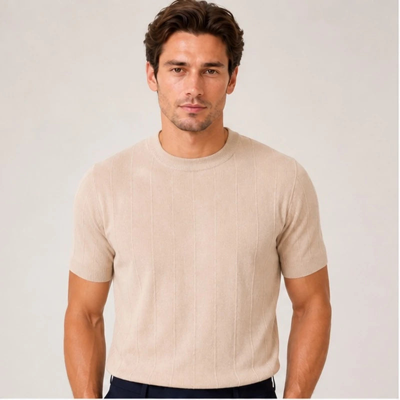 Conrad Lightweight Textured Knit T-Shirt - Beige - Men's Clothing > T-Shirts > Knit T-Shirts - Hendlys - Image 1