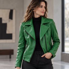 Coralie Notched-Lapel Leather Moto Jacket - Green - Women's Clothing > Outerwear > Moto Jackets - Hendlys - Image 1