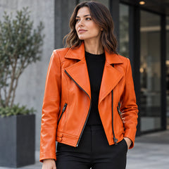 Coralie Notched-Lapel Leather Moto Jacket - Orange - Women's Clothing > Outerwear > Moto Jackets - Hendlys - Image 1
