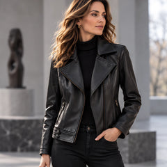 Coralie Notched-Lapel Leather Moto Jacket - Black - Women's Clothing > Outerwear > Moto Jackets - Hendlys - Image 1