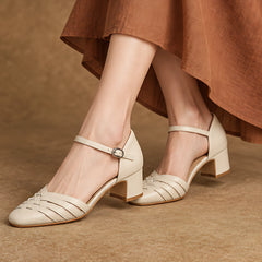 Coralie Women's Round-Toe Leather Heels - Beige - Women's Footwear > Heels > Block Heel Pumps - Hendlys - Image 4