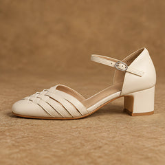 Coralie Women's Round-Toe Leather Heels - Beige - Shoes - Hendlys - Image 3