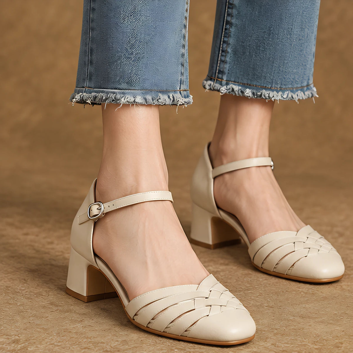 Coralie Women's Round-Toe Leather Heels - Beige - Women's Footwear > Heels > Block Heel Pumps - Hendlys - Image 1