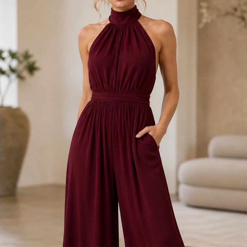 Cresselle Pocketed Halter Wide-Leg Jumpsuit - Red - Women's Jumpsuit - Hendlys - Image 3