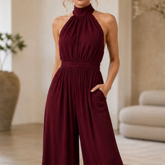 Cresselle Pocketed Halter Wide-Leg Jumpsuit - Red - Women's Jumpsuit - Hendlys - Image 3