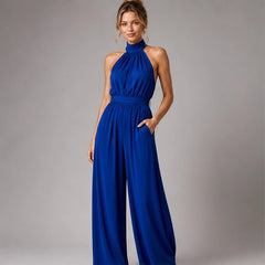 Cresselle Pocketed Halter Wide-Leg Jumpsuit - Blue - Women's Clothing > Jumpsuits > Halter Wide-Leg Jumpsuits - Hendlys - Image 1