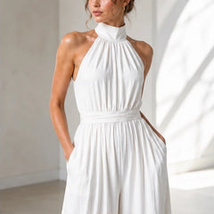 Cresselle Pocketed Halter Wide-Leg Jumpsuit - White - Women's Jumpsuit - Hendlys - Image 3