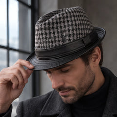 Dalston Men's Houndstooth Leather Fedora Hat - Black - Accessories > Hats > Fedora Hats - Hendlys - Image 1