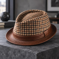 Dalston Men's Houndstooth Leather Fedora Hat - Brown - Accessories > Hats > Fedora Hats - Hendlys - Image 2