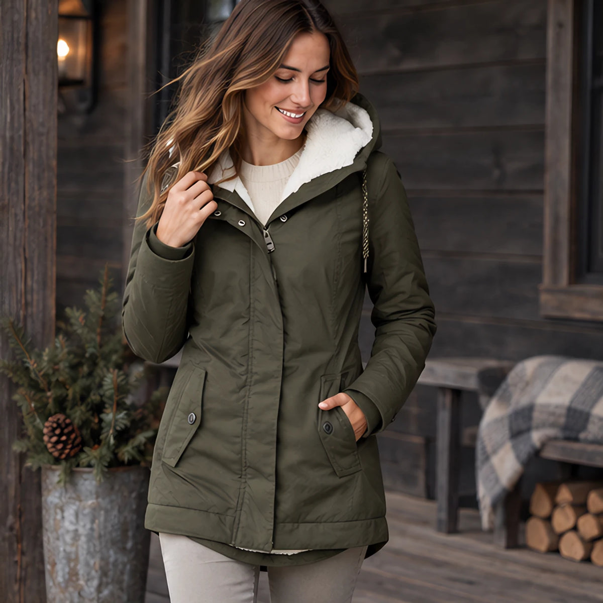 Delaney Women's Sherpa Lined Parka - Army Green - 23 sept - Hendlys - Image 2