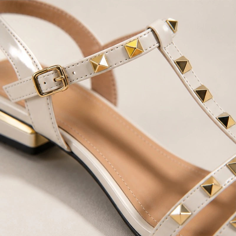 Delphine Studded T-Strap Sandal - Cream - block heel - Hendlys - Image 5