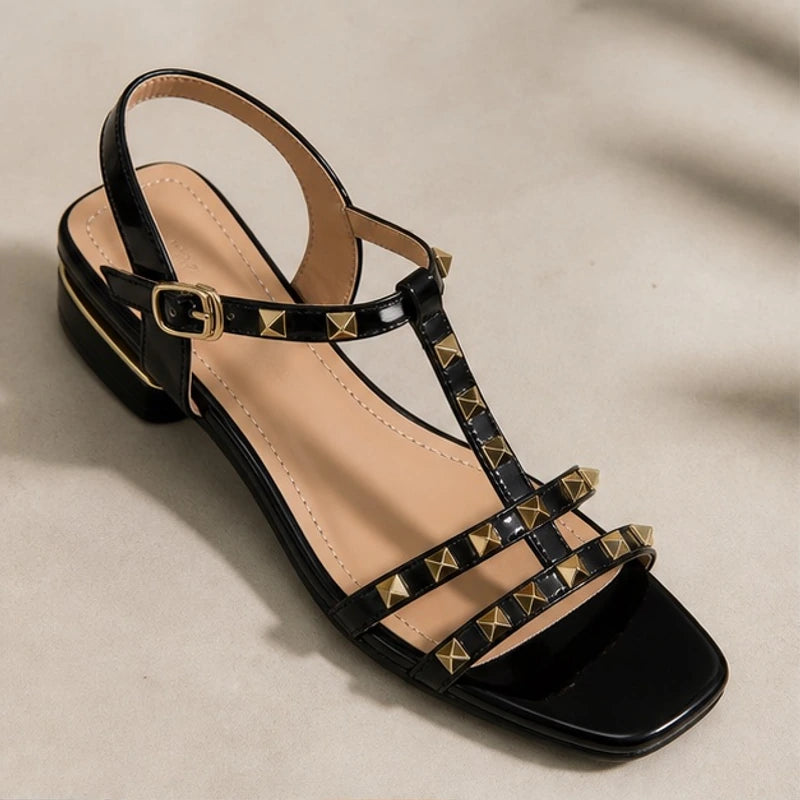 Delphine Studded T-Strap Sandal - Black - t-strap sandal - Hendlys - Image 3