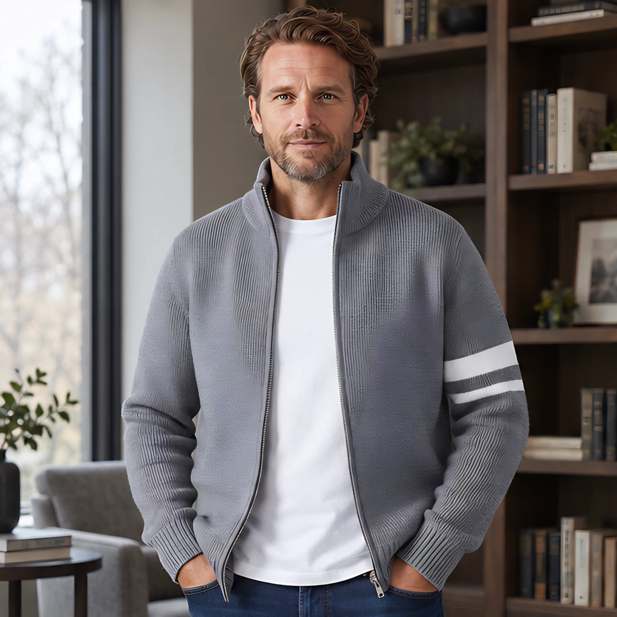 Drayton Men's Striped Full-Zip Knit Sweater - Slate Gray - Clothing > Sweaters & Cardigans > Full-Zip Sweaters - Hendlys - Image 1