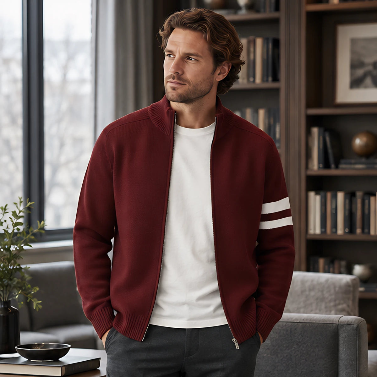 Drayton Men's Striped Full-Zip Knit Sweater - Maroon - Clothing > Sweaters & Cardigans > Full-Zip Sweaters - Hendlys - Image 1