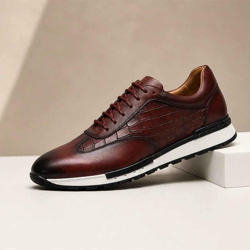 Dunham Croc-Embossed Leather Sneaker - Burgundy - Sneakers - Hendlys - Image 1