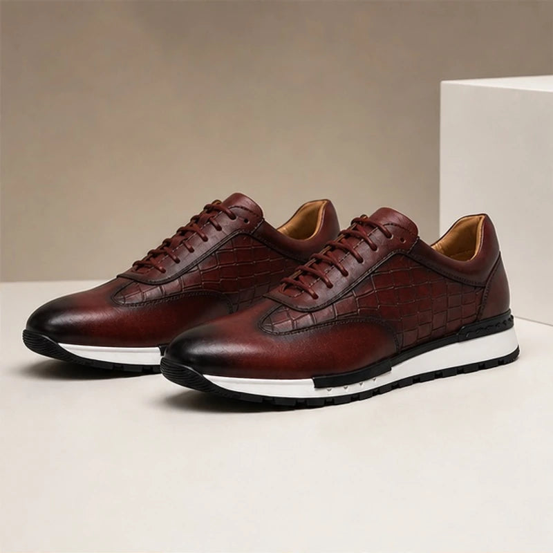 Dunham Croc-Embossed Leather Sneaker - Burgundy - men's sneakers - Hendlys - Image 2