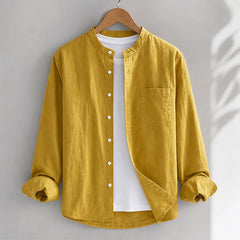 Amalfi Linen Mandarin Collar Shirt - Mustard - Shirt - Hendlys - Image 1
