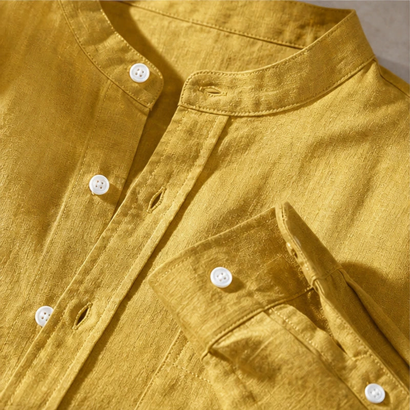 Amalfi Linen Mandarin Collar Shirt - Mustard - linen shirt - Hendlys - Image 3