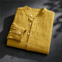 Amalfi Linen Mandarin Collar Shirt - Mustard - mandarin collar - Hendlys - Image 4