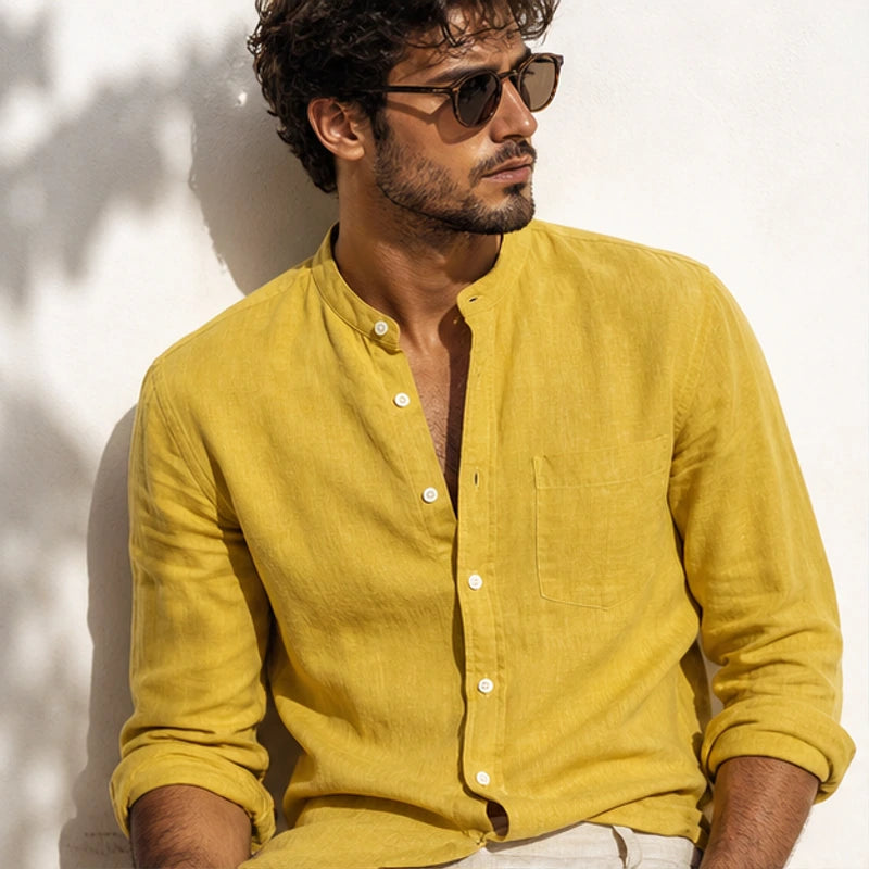 Amalfi Linen Mandarin Collar Shirt - Mustard - button-front - Hendlys - Image 5