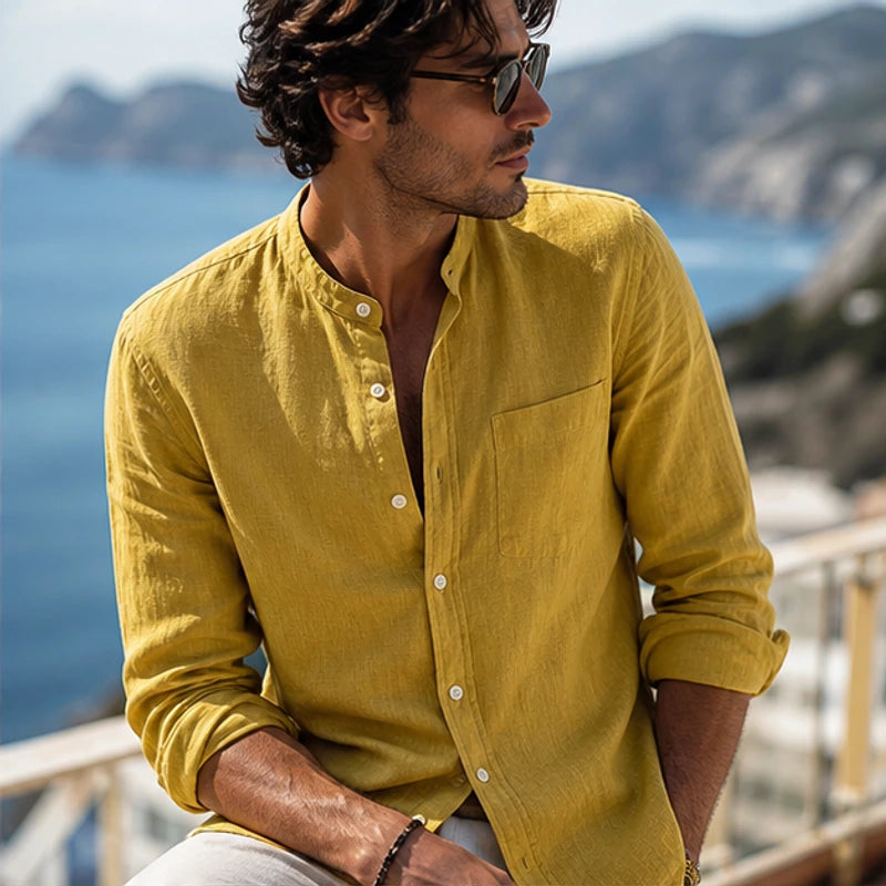 Amalfi Linen Mandarin Collar Shirt - Mustard - lightweight - Hendlys - Image 6