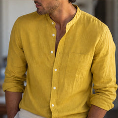 Amalfi Linen Mandarin Collar Shirt - Mustard - spring shirt - Hendlys - Image 7
