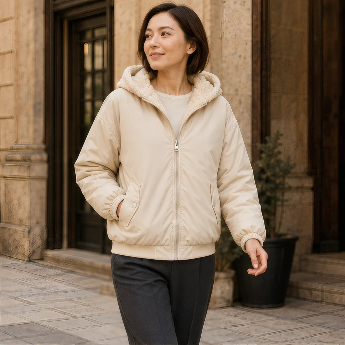 Elara Women's Fleece-Lined Zip Jacket - Beige - Catalog Group: Clothing - Hendlys - Image 2