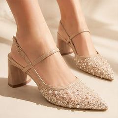 Elaris Pearl Lace Slingback Heels - Heels - Hendlys - Image 1