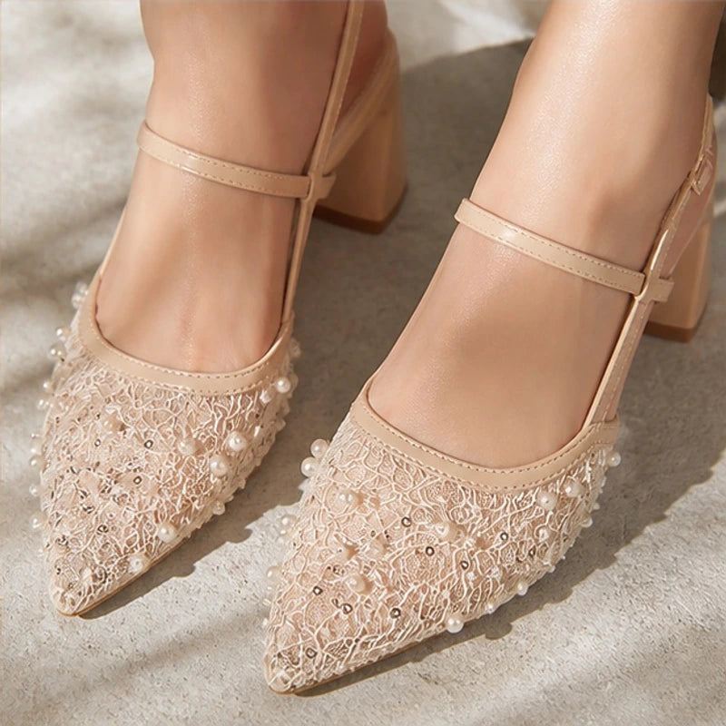 Elaris Pearl Lace Slingback Heels - pearl embellishment - Hendlys - Image 5