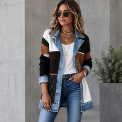 Eleri Women's Denim-Panel Ribbed Knit Coat - Color Block - Women's Clothing > Sweaters & Cardigans > Longline Cardigans - Hendlys - Image 1