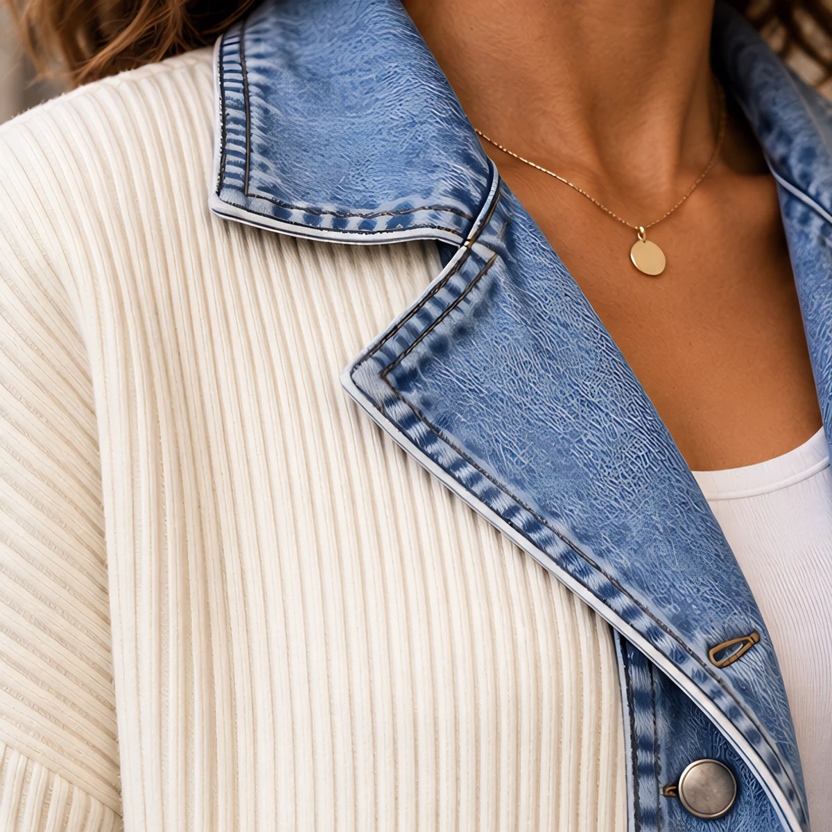 Eleri Women's Denim-Panel Ribbed Knit Coat - White - MAT-DENIM - Hendlys - Image 5