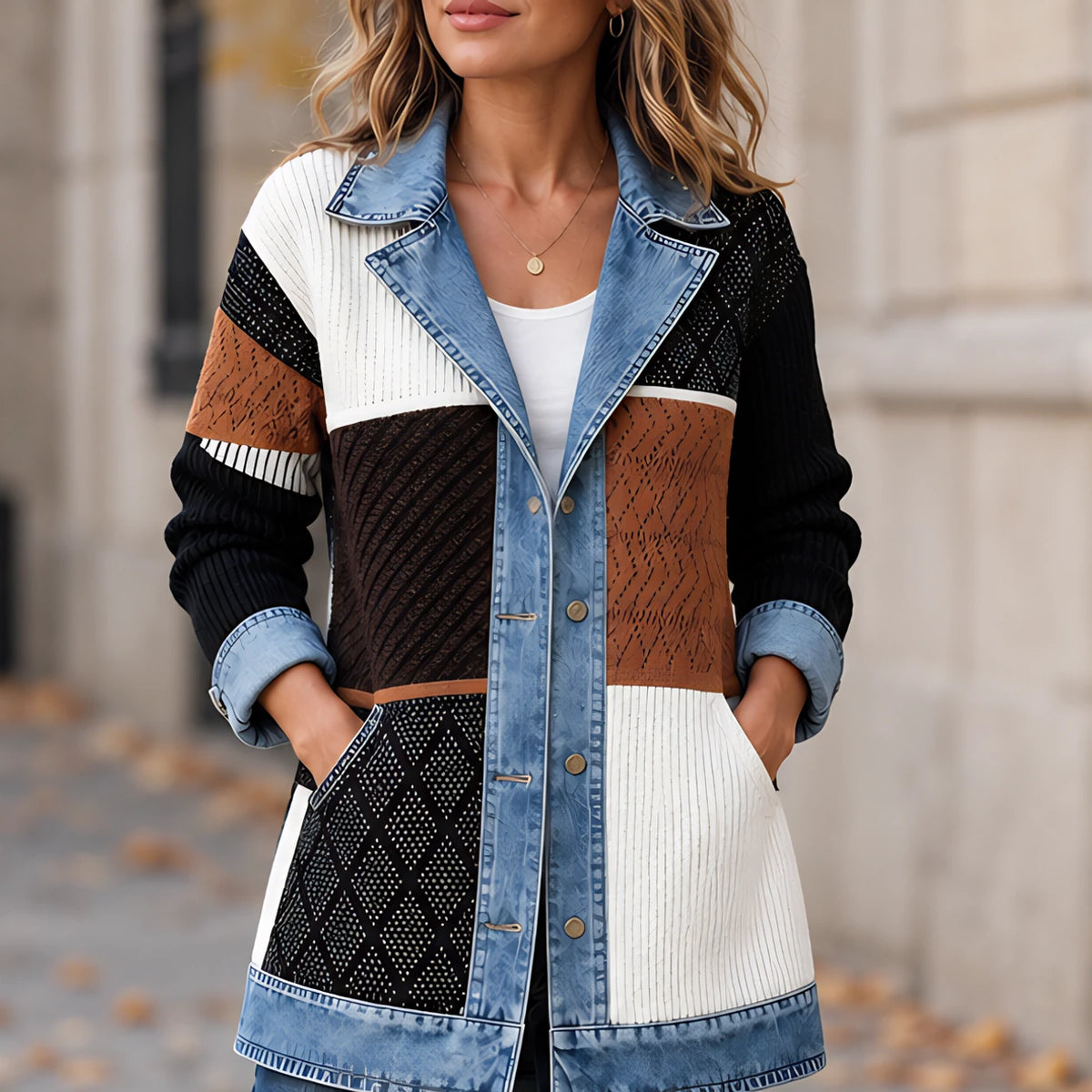 Eleri Women's Denim-Panel Ribbed Knit Coat - Color Block - CLO-OUT-LIGHT - Hendlys - Image 4