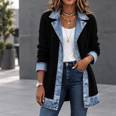 Eleri Women's Denim-Panel Ribbed Knit Coat - Black - Women's Clothing > Sweaters & Cardigans > Longline Cardigans - Hendlys - Image 1