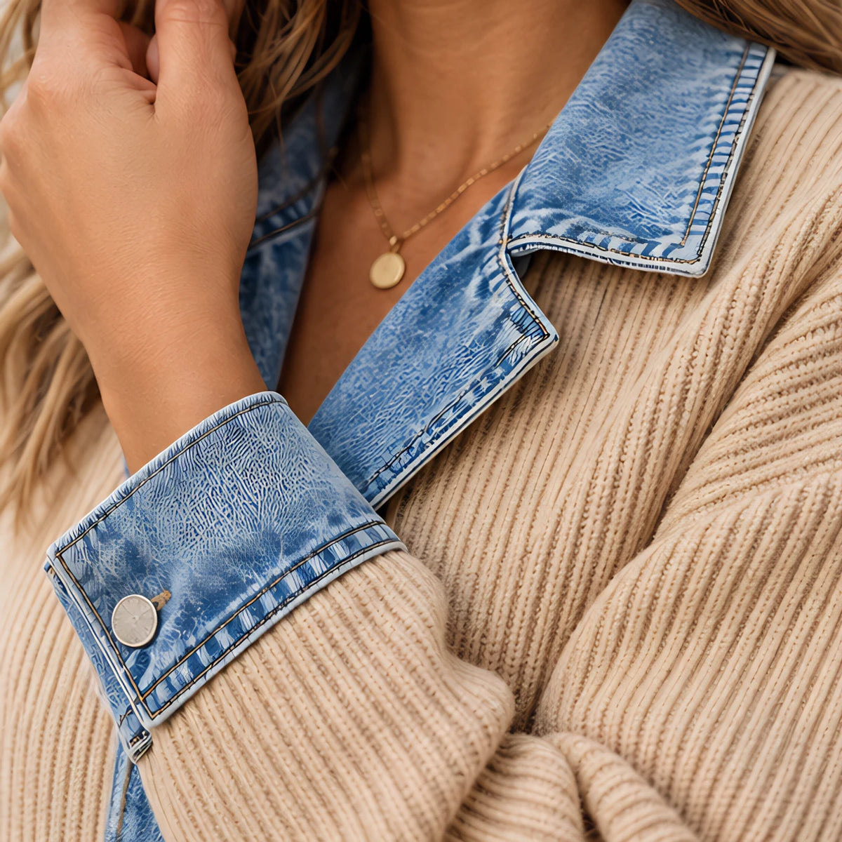 Eleri Women's Denim-Panel Ribbed Knit Coat - Khaki - MAT-DENIM - Hendlys - Image 5